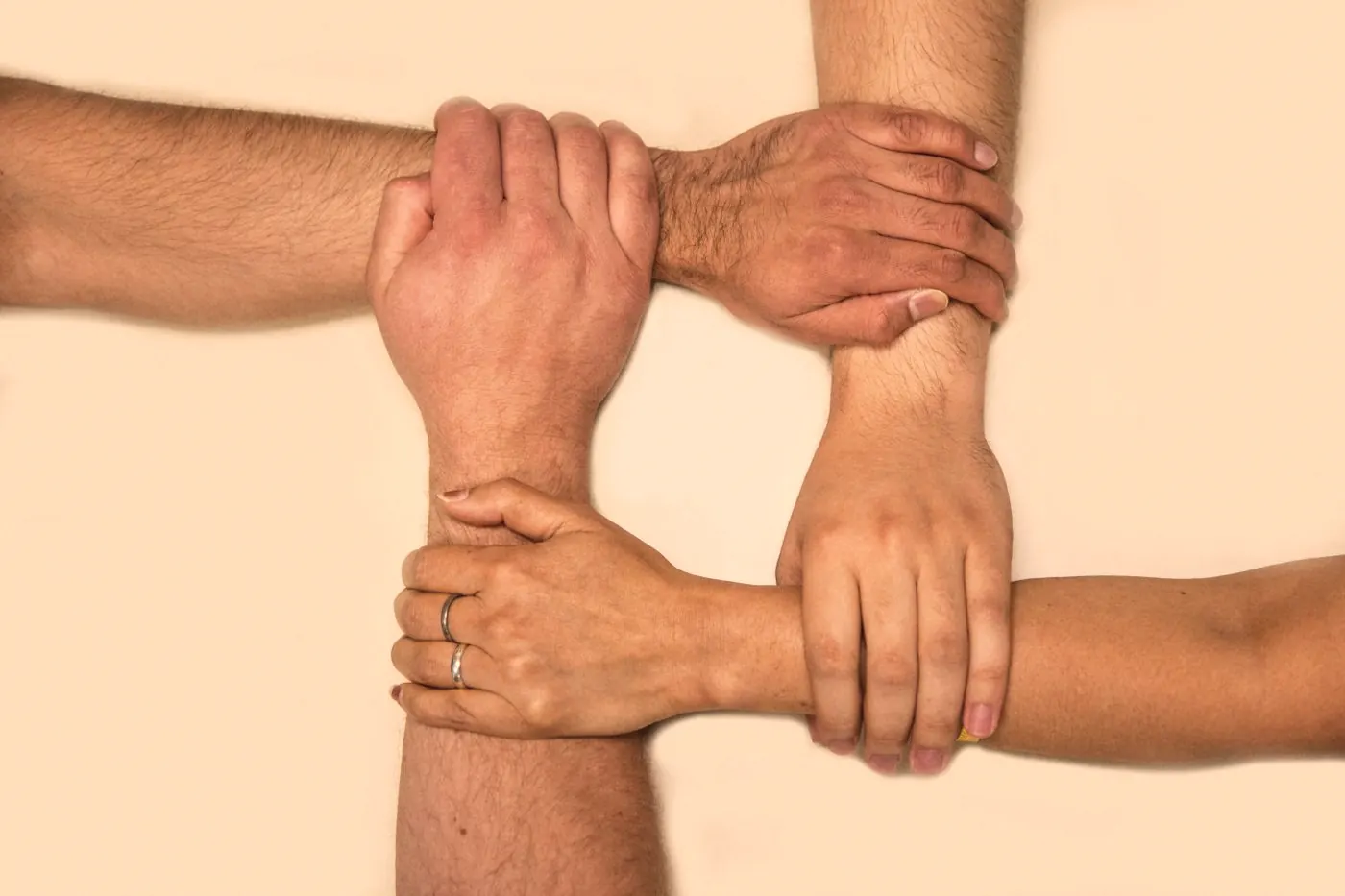 Four hands interlocked at the wrists, a symbol of support and solidarity