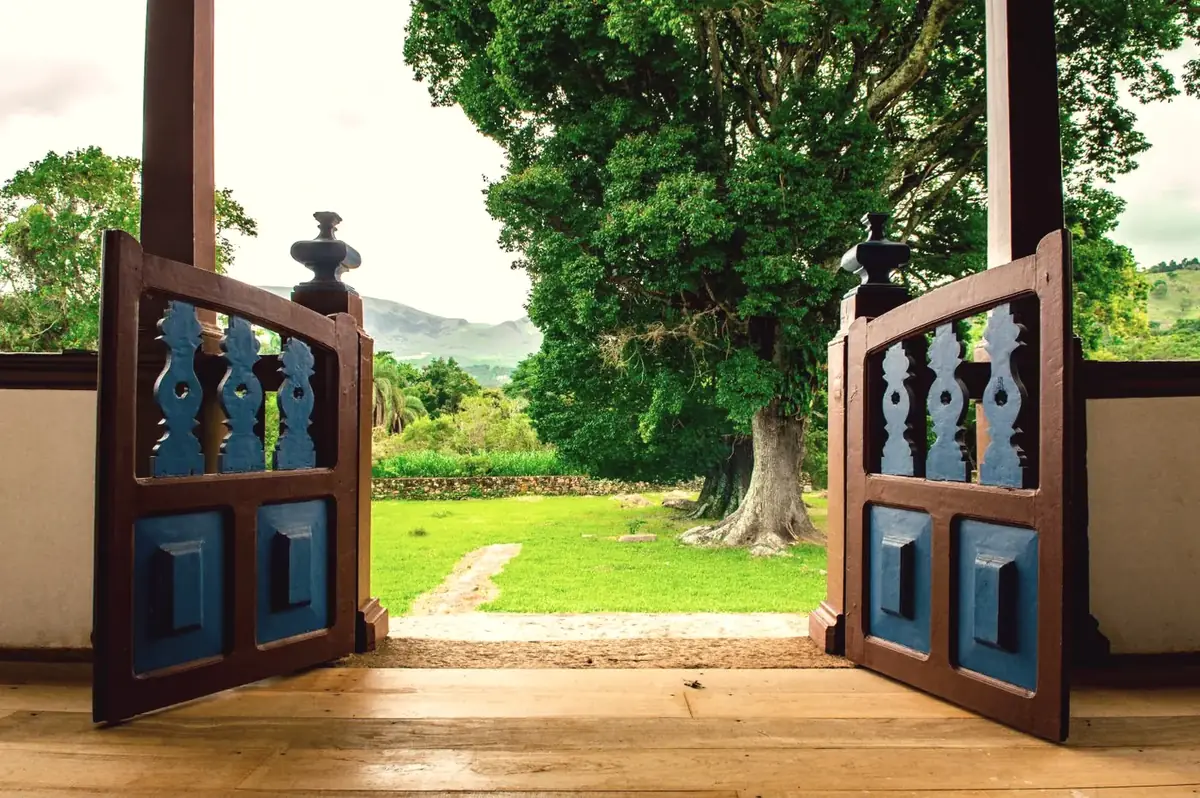 A wooden door opening onto a green garden, a reminder that doxy-PEP is offered to specific groups after a conversation