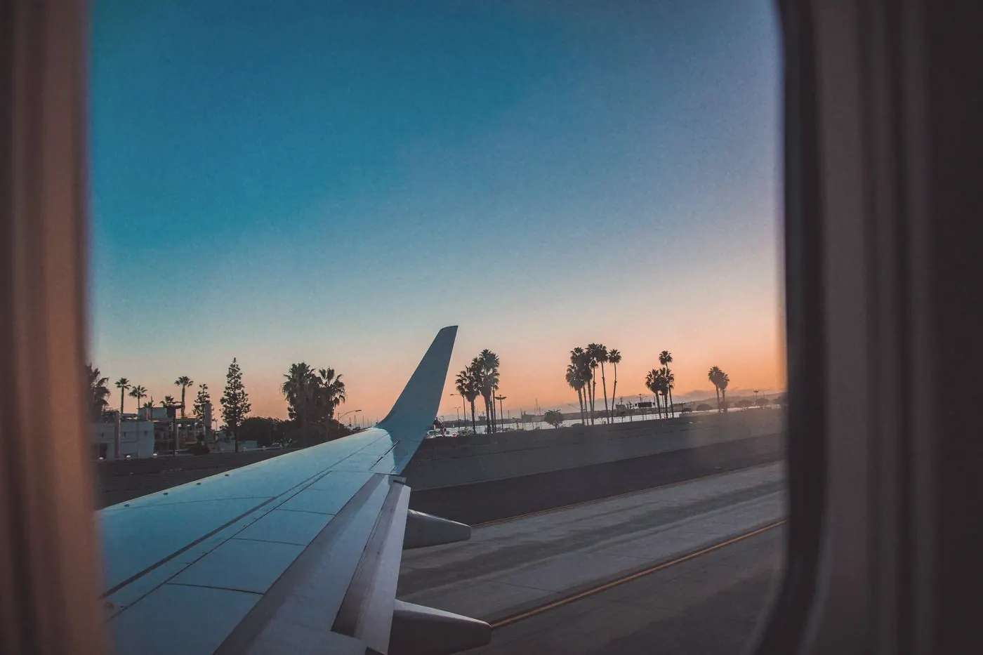 View from an aeroplane window of the wing and palm trees at sunset after landing